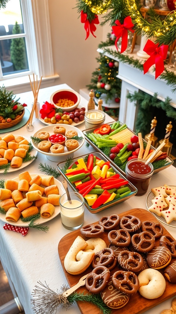 A festive table filled with various Christmas party snacks including sausage rolls, cheese platter, vegetable platter, and sweet treats.